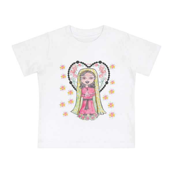 Catholic Baby Clothes: Our Lady of Guadalupe Baby Short Sleeve Heart Shaped Rosary T-Shirt