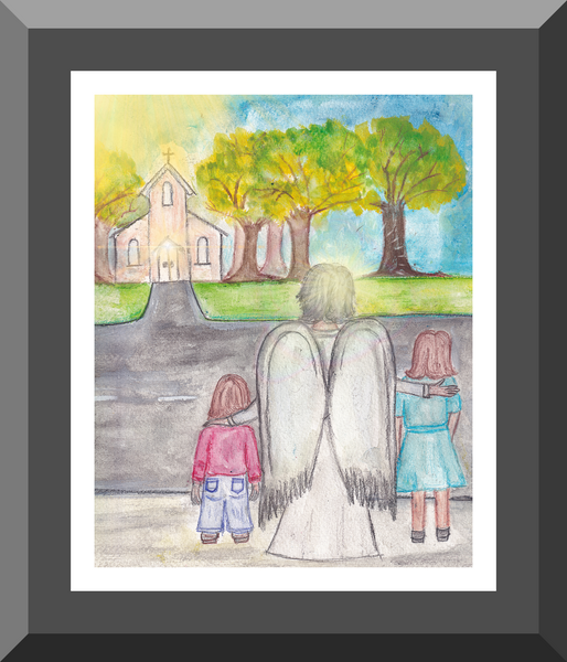 Catholic Home Decor Ideas: Guardian Angel Escorting Children to Church Watercolor Art Print